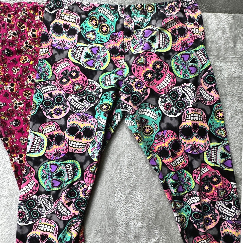Sugar Skull Lot of 2 Leggings XL Womens Day of the Dead Pink Grey Calavera Print - Picture 4 of 6